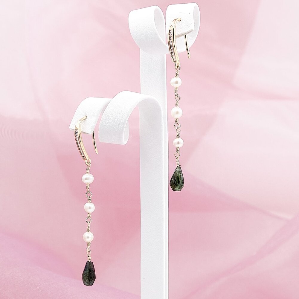 Green Tourmaline & Pearl Dangle Earrings, 14k Gold Filled